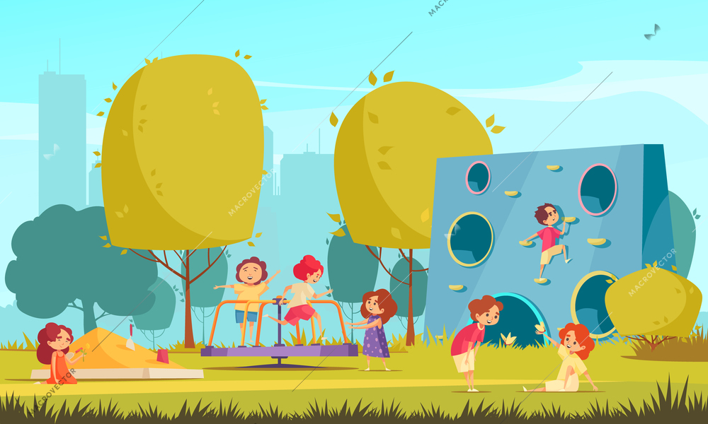 Children playing in summer city park flat composition with trees grass climbing wall carousel sandbox vector illustration