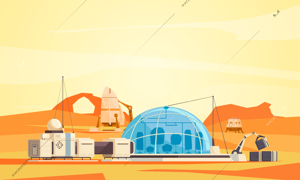 Mars surface colonization mission flat composition with spacecraft human base horticultural research and construction area vector illustration