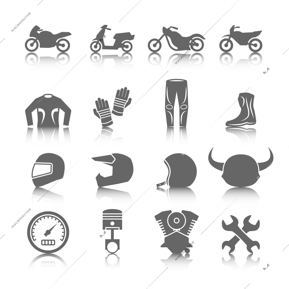 Set of motorcycles helmet gloves boots jacket pants riders icons in gray color with reflection
