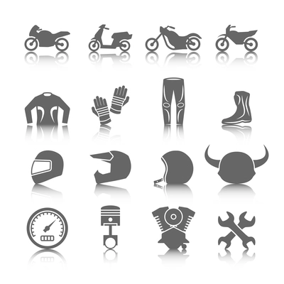 Set of motorcycles helmet gloves boots jacket pants riders icons in gray color with reflection