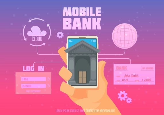 Mobile bank poster with log in and cloud symbols flat vector illustration
