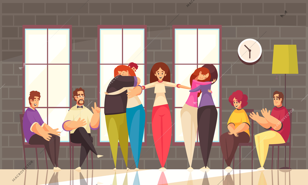 Psychotherapy group therapy session flat composition with young ladies led by therapist hugging each other vector illustration