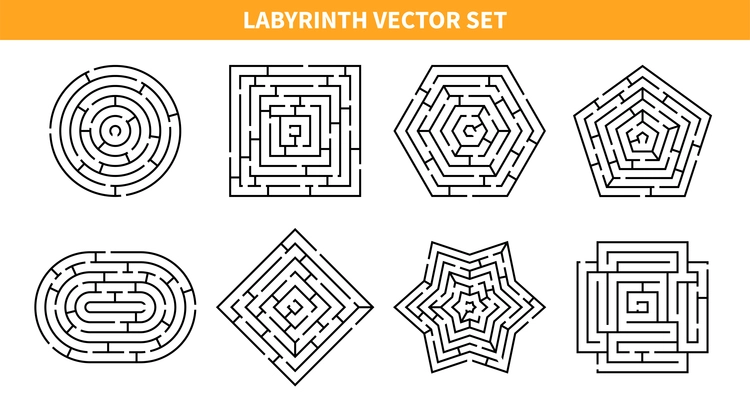 Labyrinth game black set with eight isolated maze schemes of various shape on blank background vector illustration