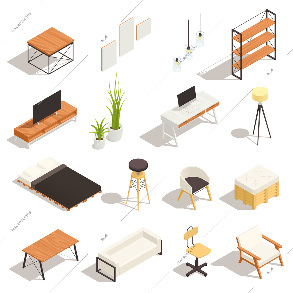 Modern loft interior isometric elements with mirror bed computer desk tv sofa couch lamp isolated vector illustration