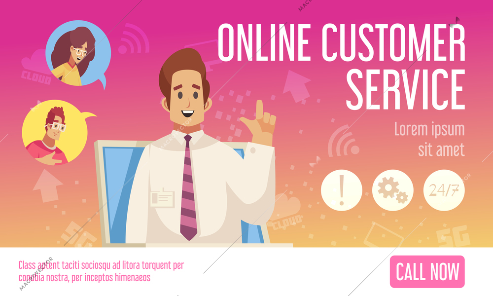 Call center 24h online support customer service flat horizontal web landing page banner gradient background vector illustration