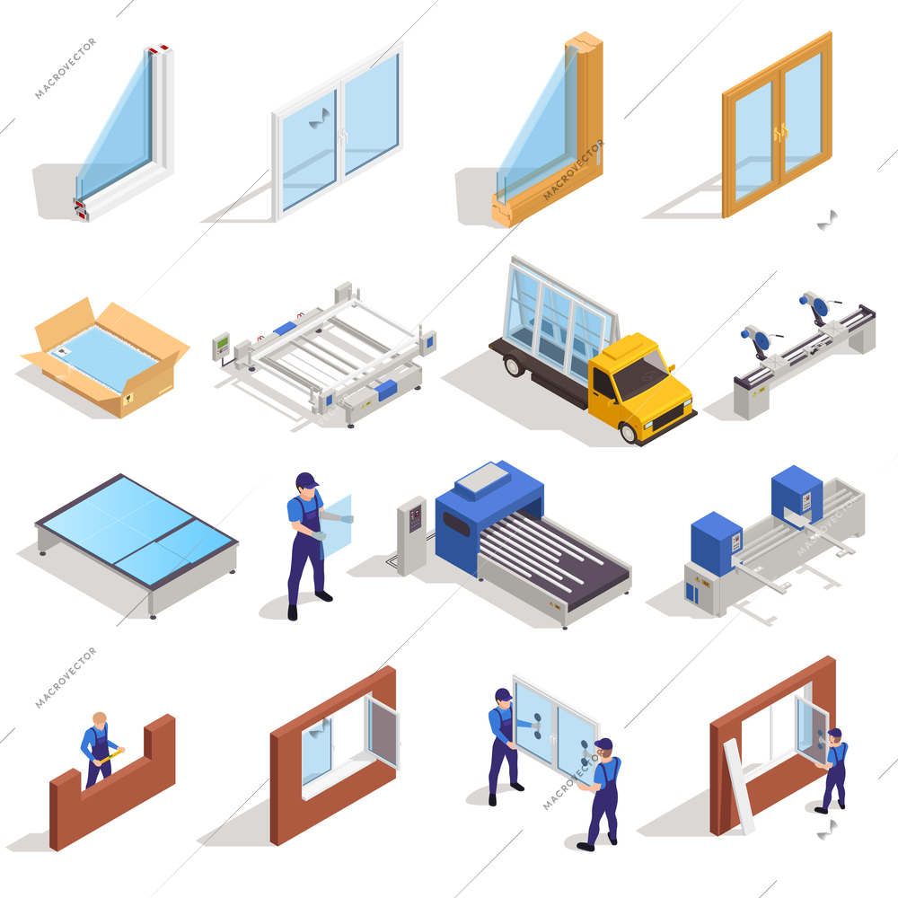 Window pvc glass manufacturing cutting panes assembling packing distribution transportation installation isometric elements set isolated vector illustration