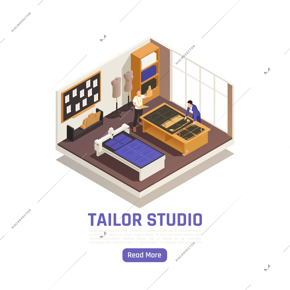 Fashion atelier haute couture studio interior isometric view with designer and tailor tracing garment patterns vector illustration