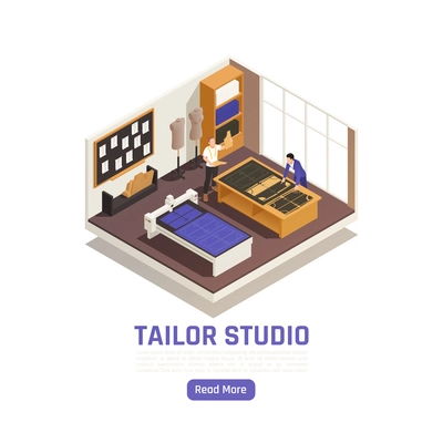 Fashion atelier haute couture studio interior isometric view with designer and tailor tracing garment patterns vector illustration