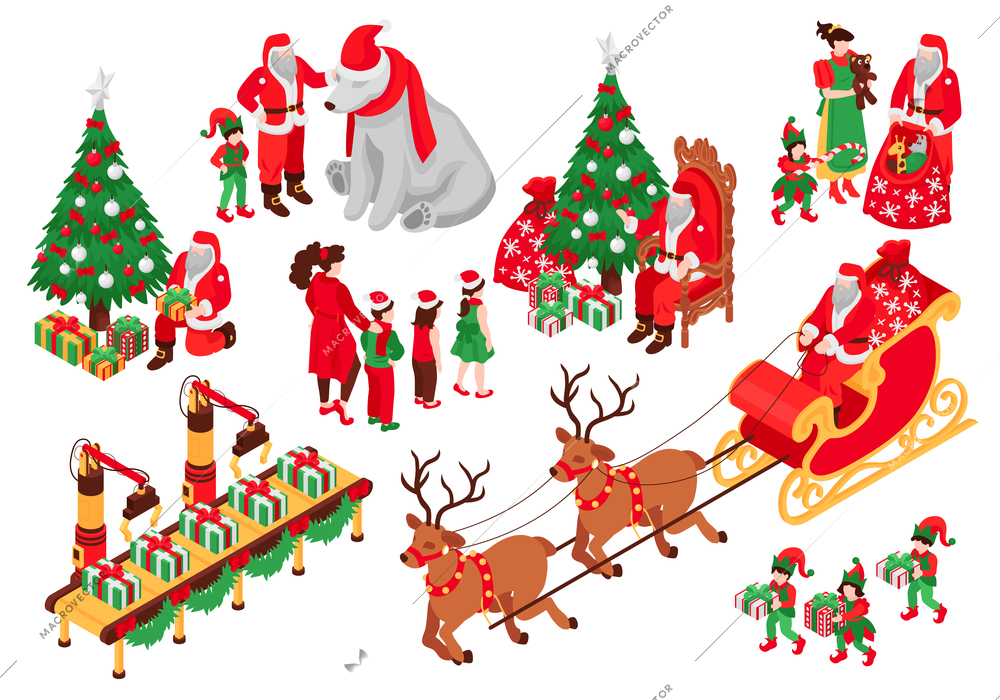 Isometric santa claus elf merry christmas set of isolated human characters reindeers children and new year trees vector illustration