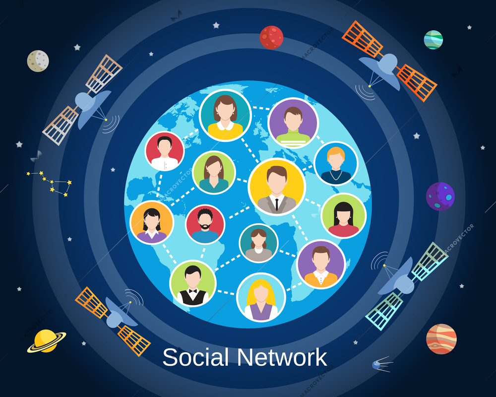 Global internet social network connection concept layout with users avatars composition template planet design abstract vector illustration