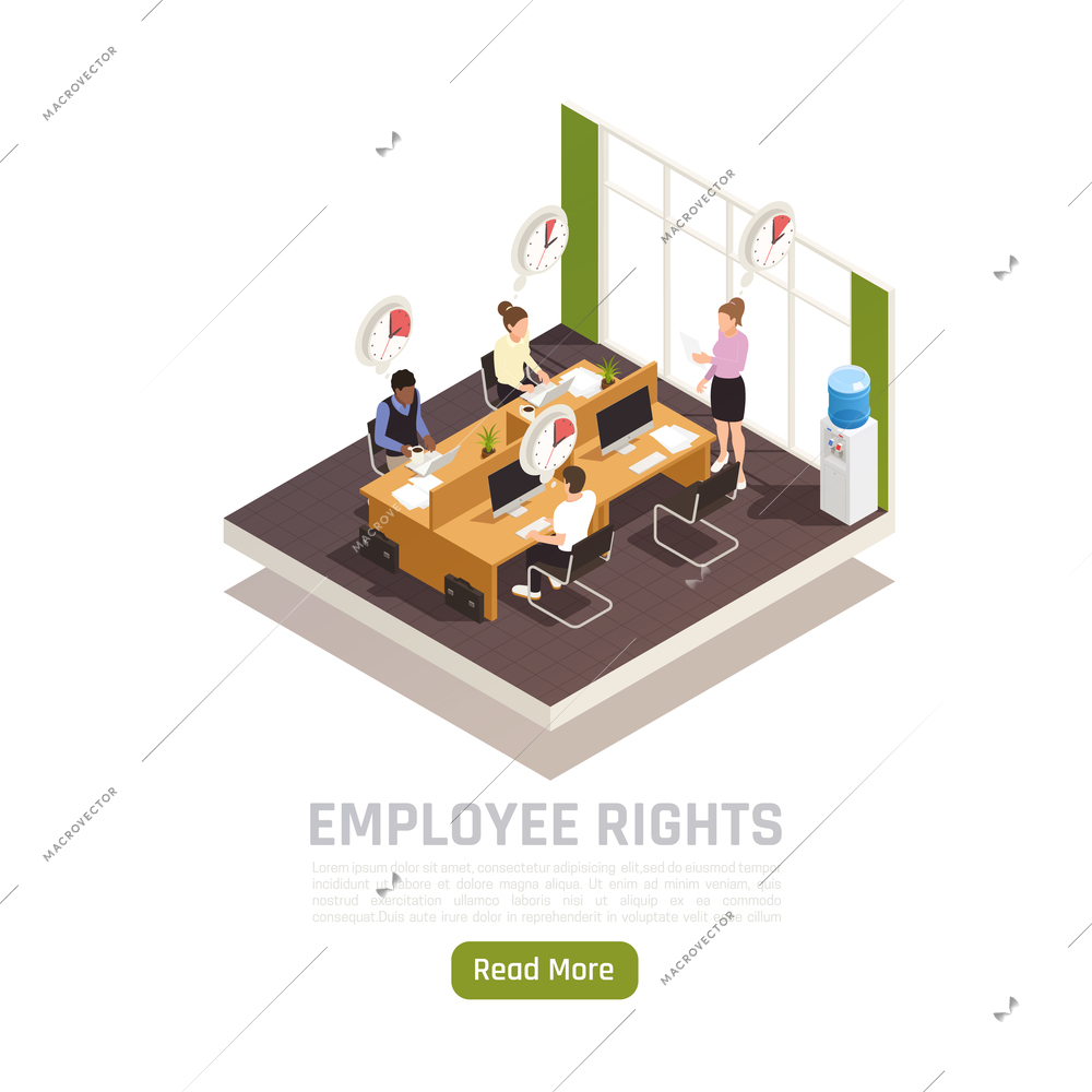 Trade labor union representative checking  employees working time tracking system regulations isometric composition office interior vector illustration