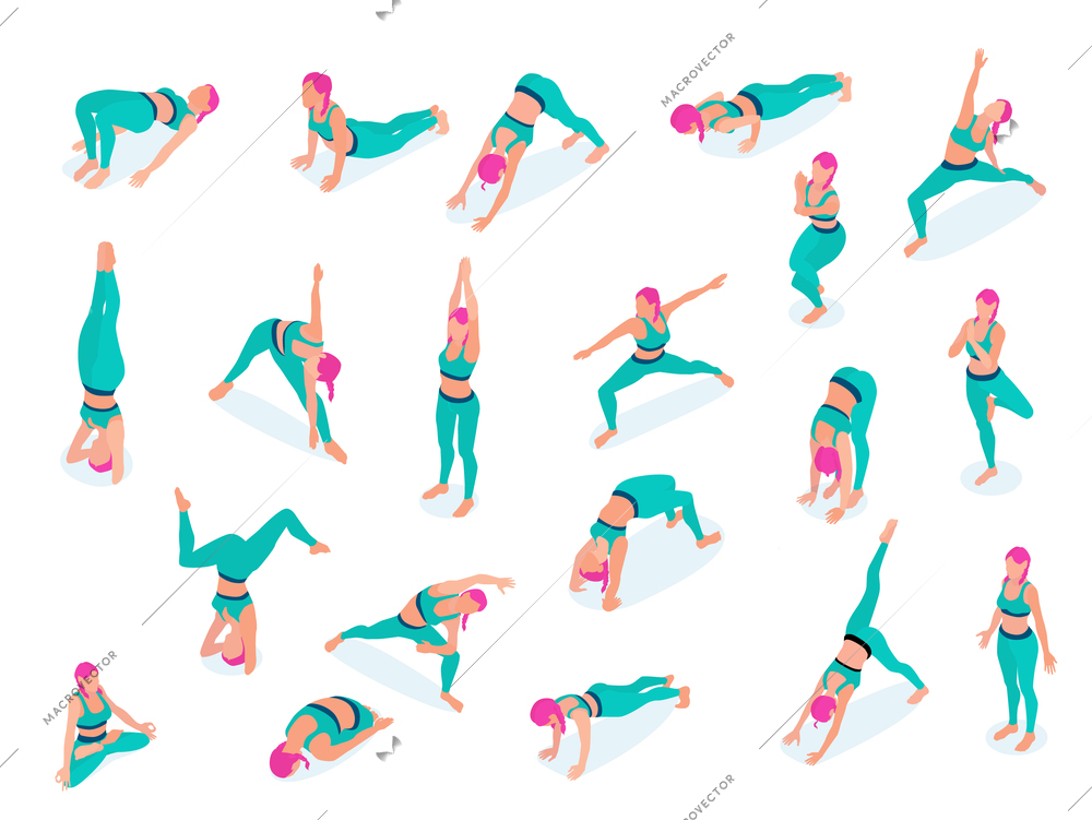 Woman performing stretch fitness gym yoga workout exercises lotus position isometric icons set green wear vector illustration