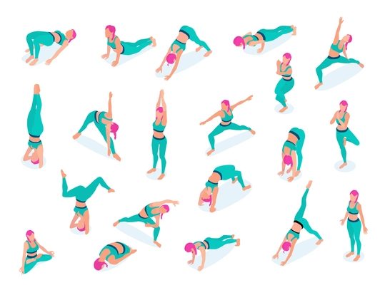 Woman performing stretch fitness gym yoga workout exercises lotus position isometric icons set green wear vector illustration