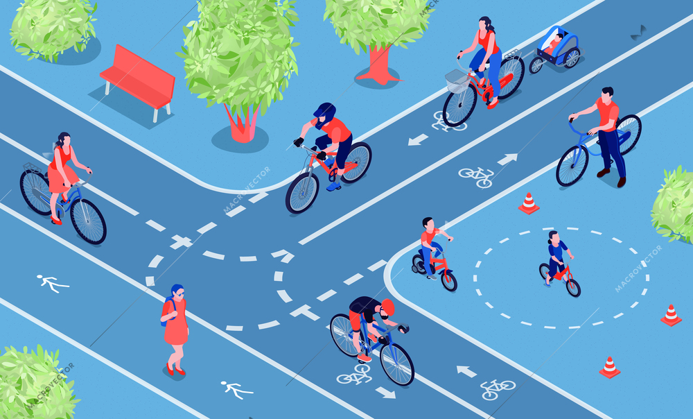 Bike friendly city isometric composition with people cycling on two way cycle path bicycle lanes vector illustration