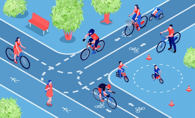 Bike friendly city isometric composition with people cycling on two way cycle path bicycle lanes vector illustration