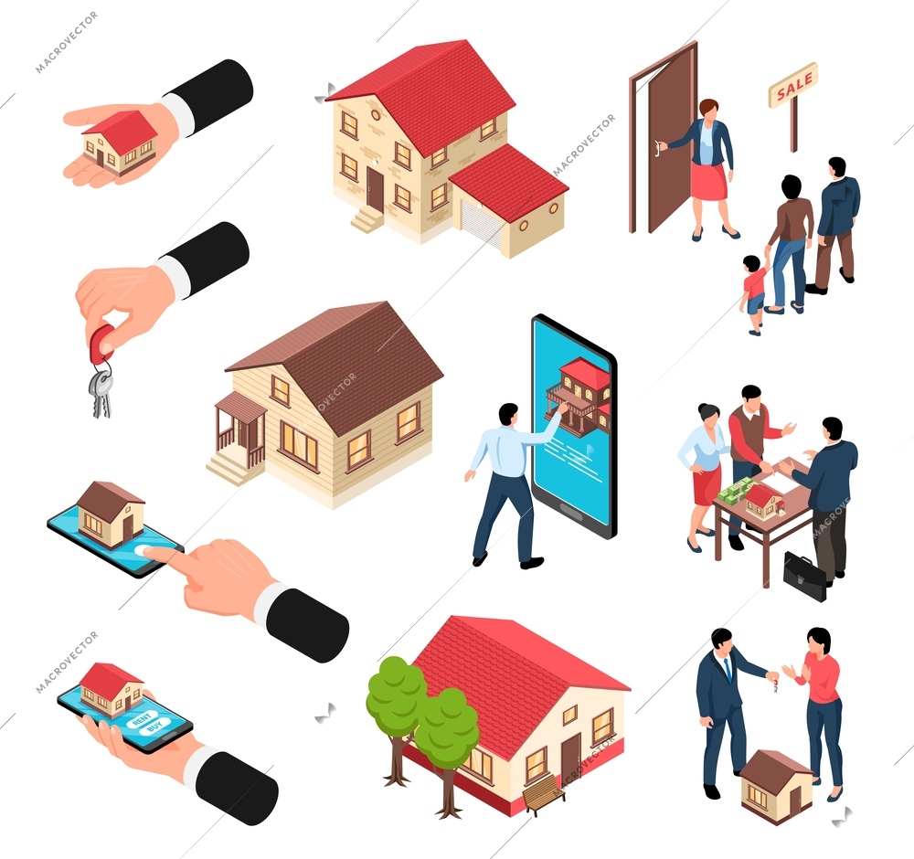 Isometric real estate icon set of isolated buildings human hands with houses keys smartphones and people vector illustration
