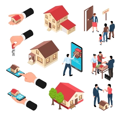 Isometric real estate icon set of isolated buildings human hands with houses keys smartphones and people vector illustration