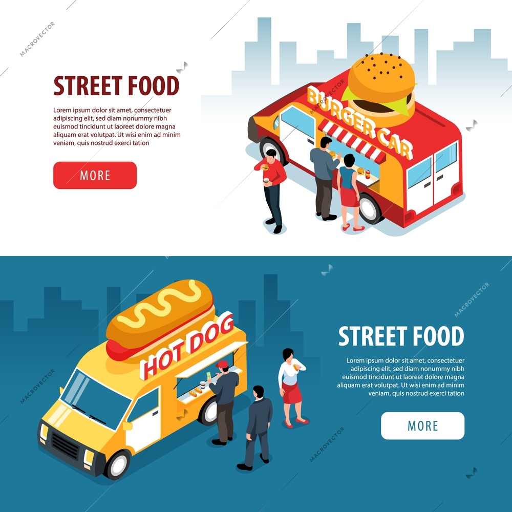 Isometric street food banners set with cityscape backgrounds human characters and food truck vans with text vector illustration