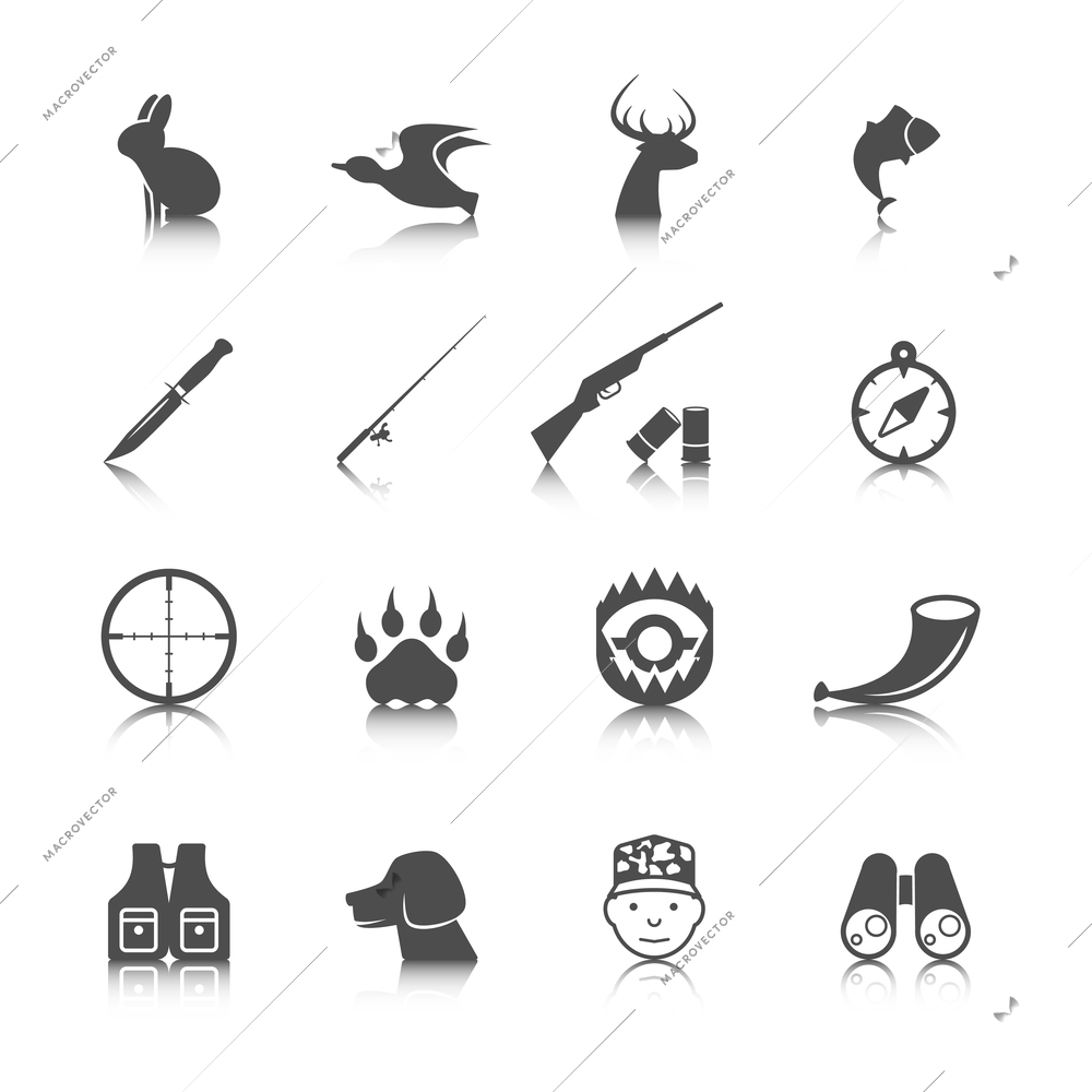 Set of hunting animal wild life leisure icons with reflection effect vector illustration