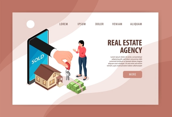 Isometric real estate concept banner for web site landing page with clickable links and editable text vector illustration