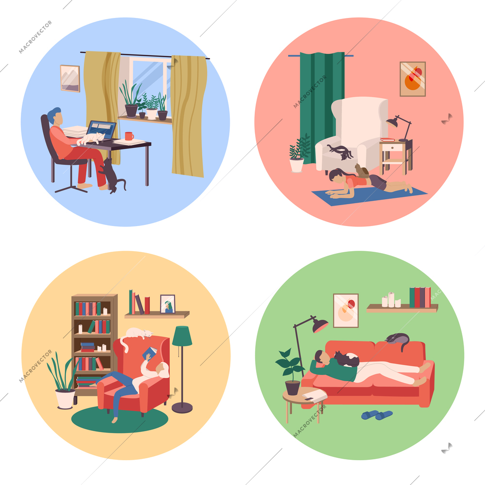 People with cats concept icons set flat isolated vector illustration