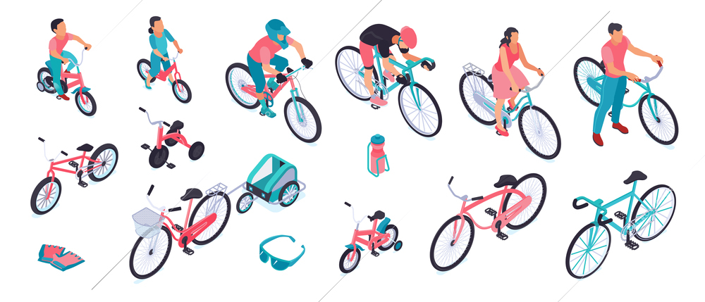 Bicycles isometric set with sport city kids bikes trailers for child pet cargo accessories tools vector illustration