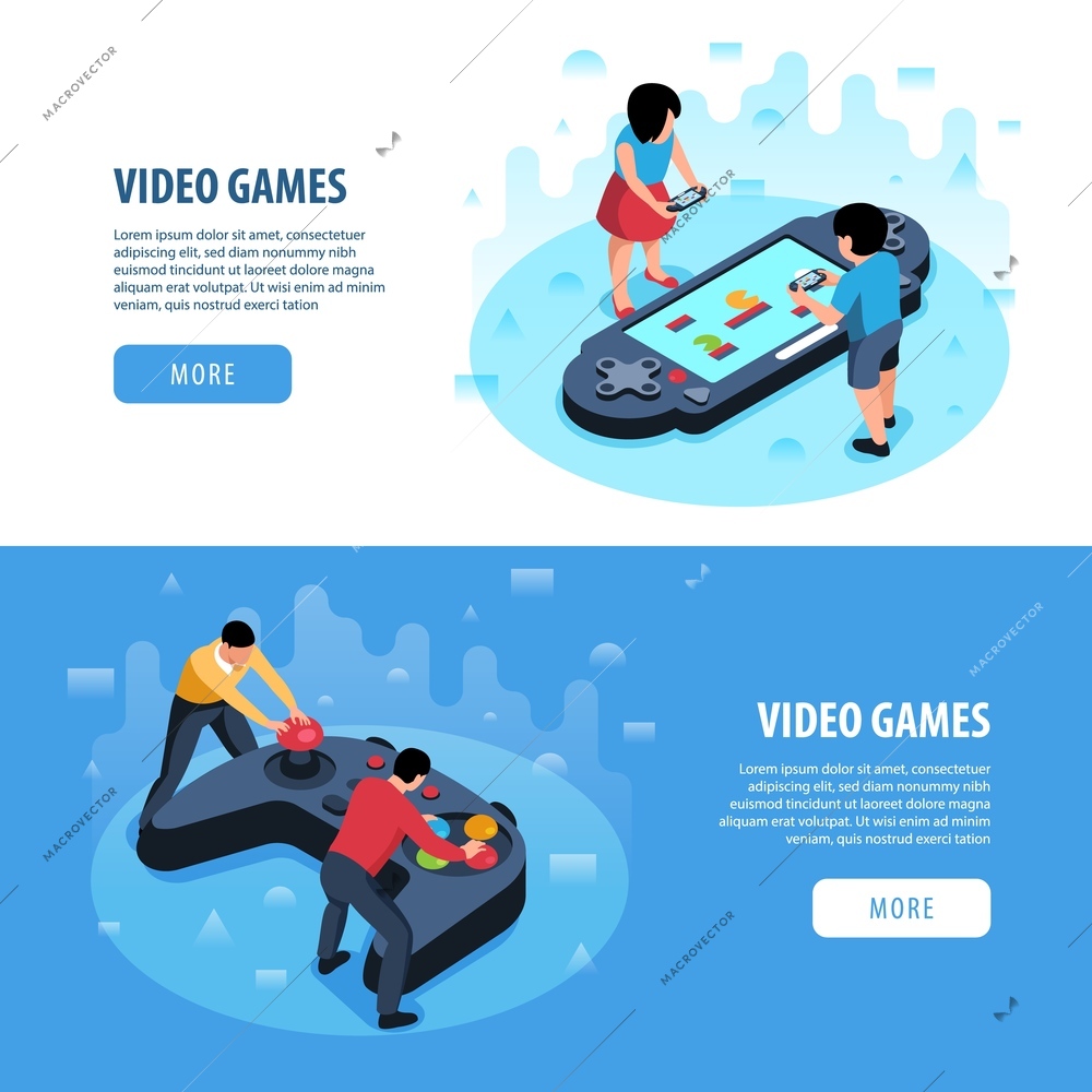 Set of two isometric video game horizontal banners with clickable buttons text people and joystick images vector illustration