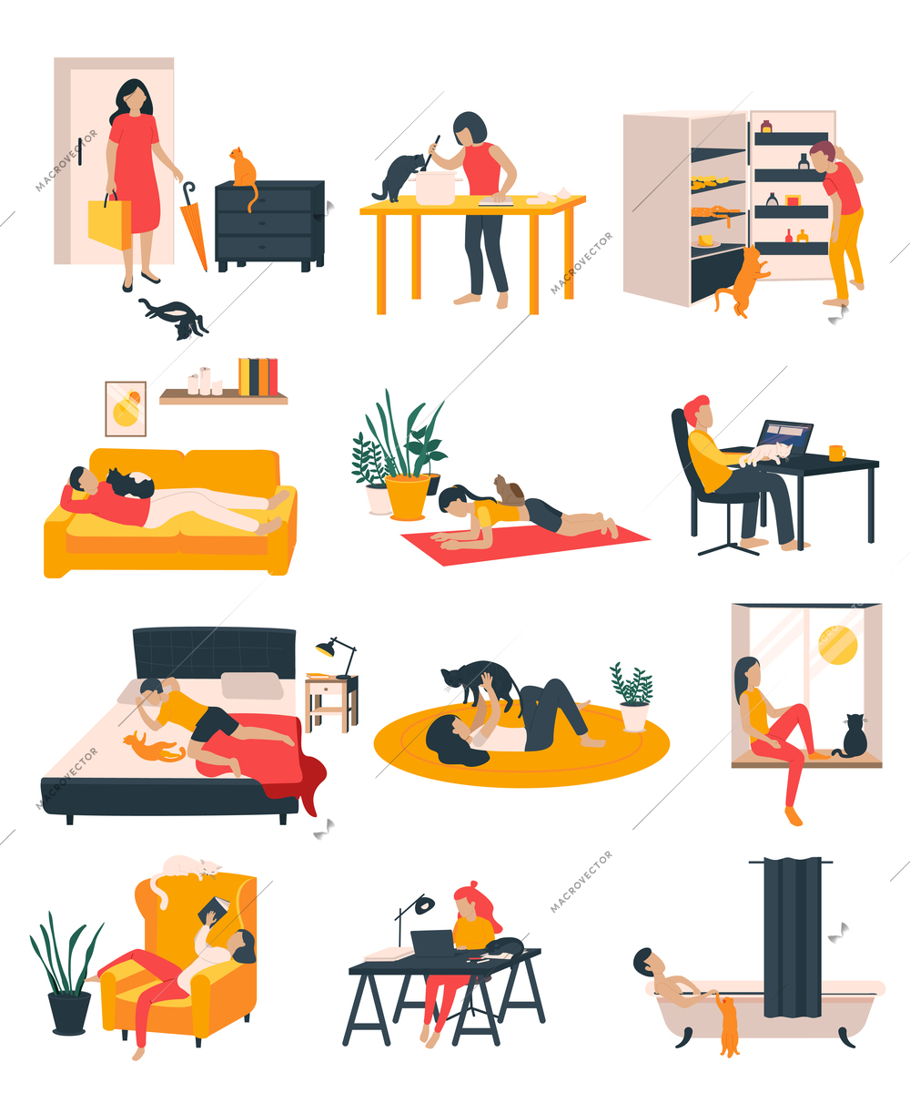 People and cats at home icons set with care symbols flat isolated vector illustration