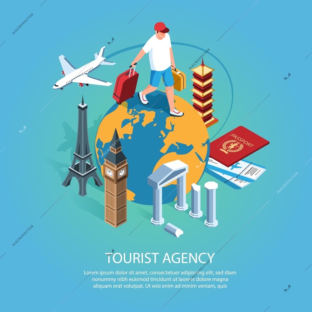 Isometric tourist agency background with editable text description and character of man walking on earth globe vector illustration