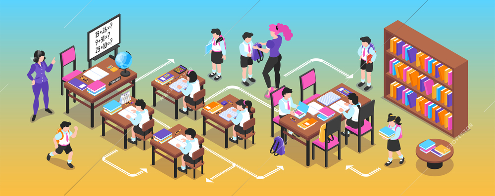 Isometric junior school narrow composition with children sitting at desks books in library case with arrows vector illustration