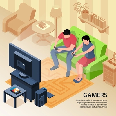 Isometric video game background with text and domestic composition with couple playing games on tv set vector illustration