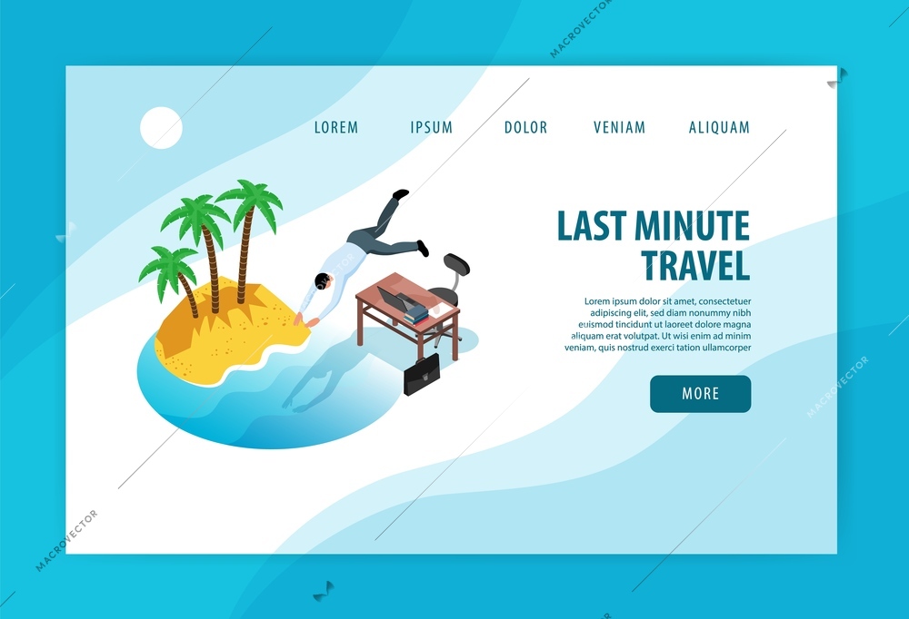 Isometric tourist agency concept banner web site landing page background with clickable links buttons and text vector illustration