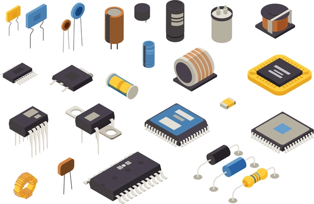 Semiconductor element production icons set with technology symbols isometric isolated vector illustration