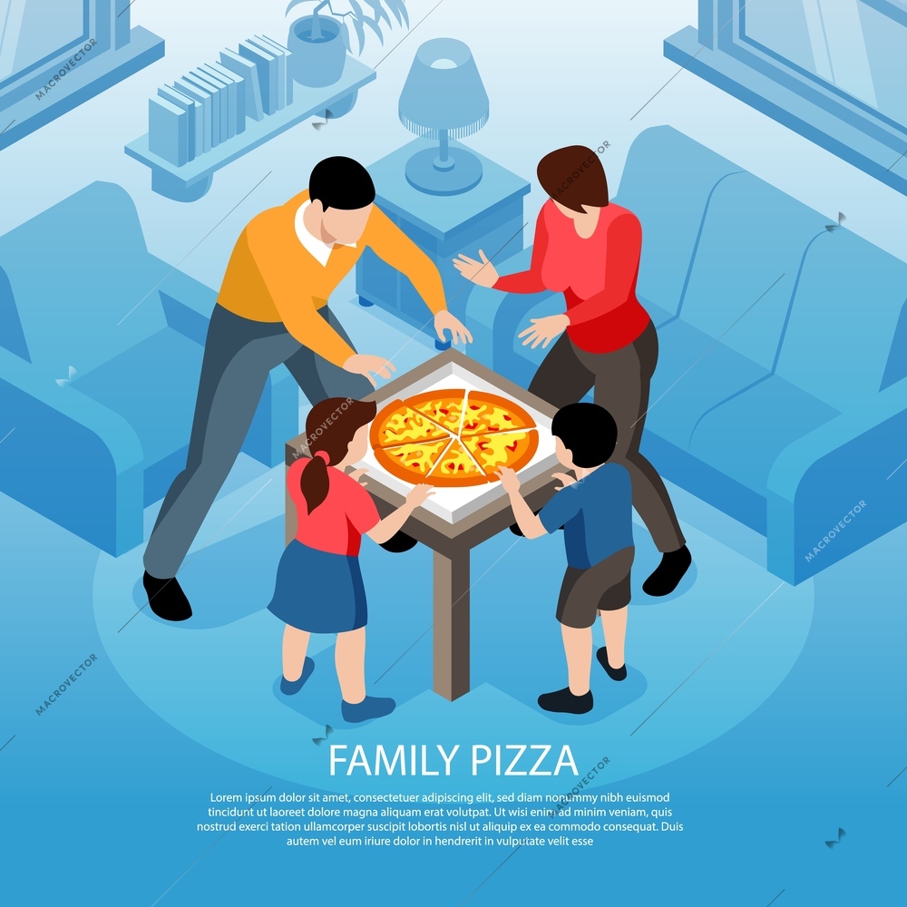 Isometric street food background with indoor domestic scenery and characters of family members with pizza box vector illustration