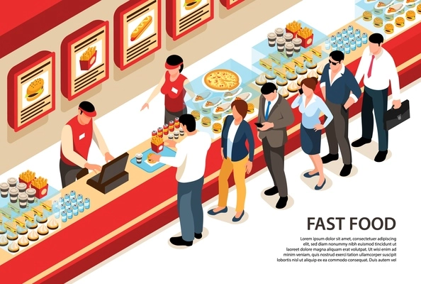 Isometric street food horizontal background with human characters standing in queue at fast food cafe counter vector illustration