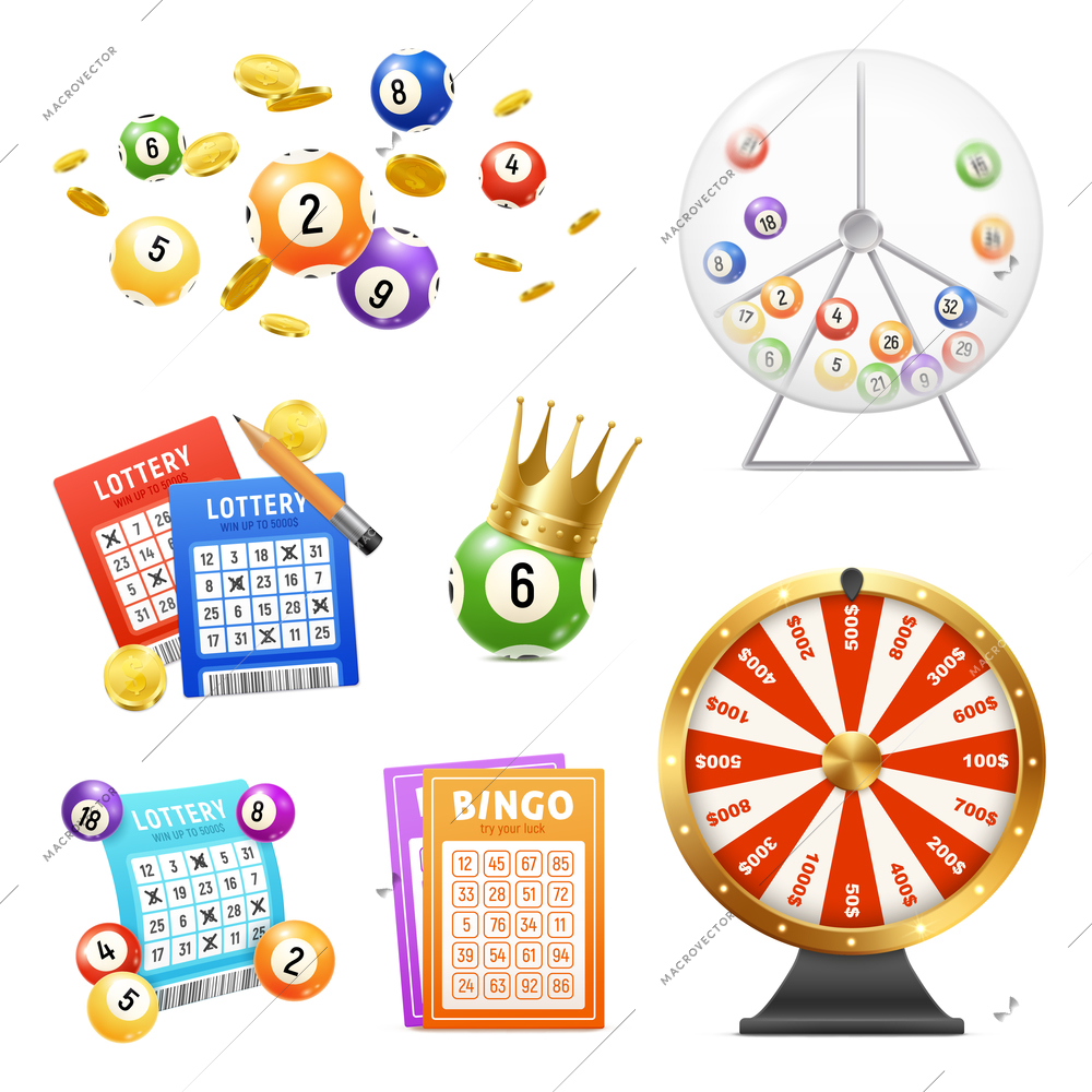 Lottery machine tickets balls realistic icons set isolated on white background vector illustration