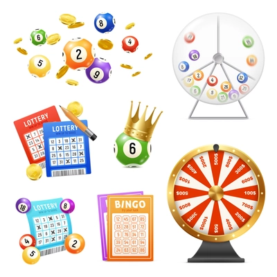 Lottery machine tickets balls realistic icons set isolated on white background vector illustration