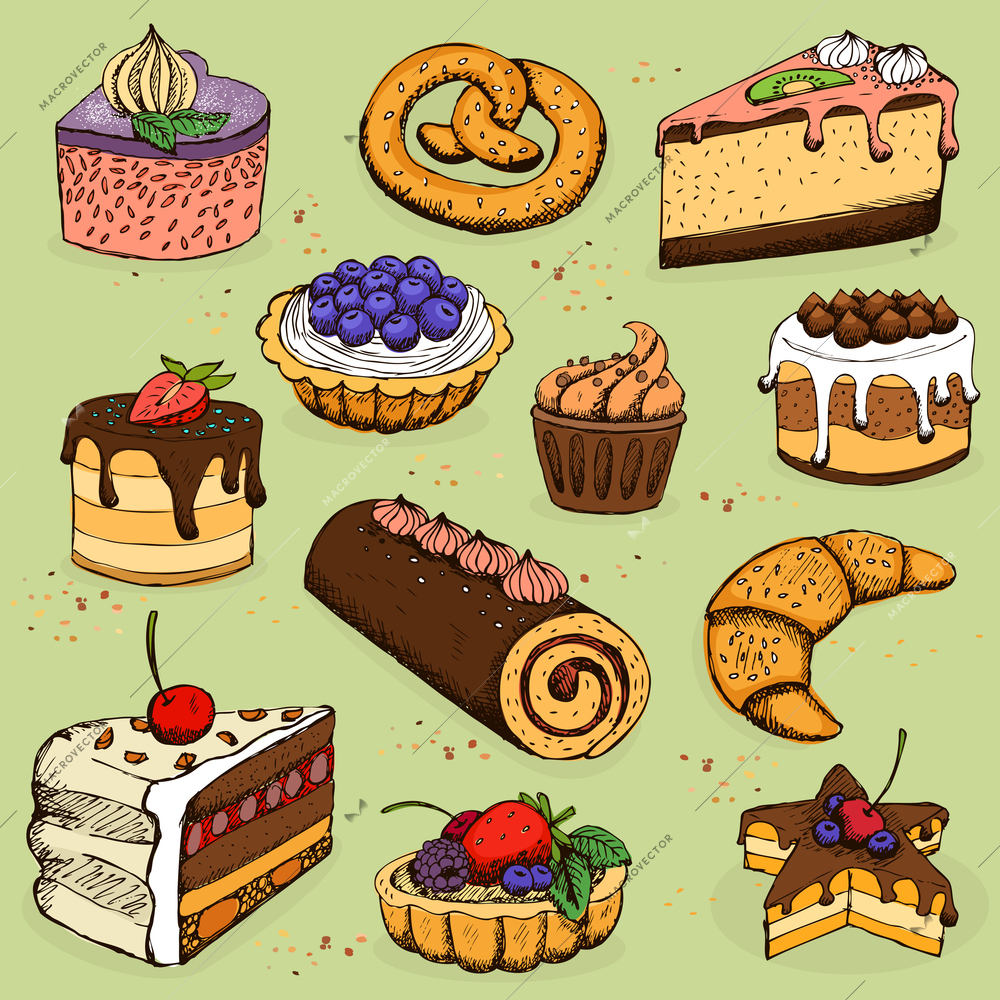 Pies and flour products for bakery, pastry, vector illustration