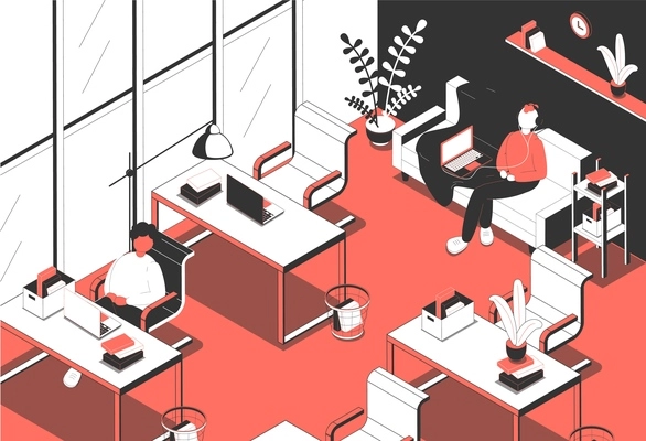 Office isometric composition with indoor view of working area with tables chairs and window with people vector illustration