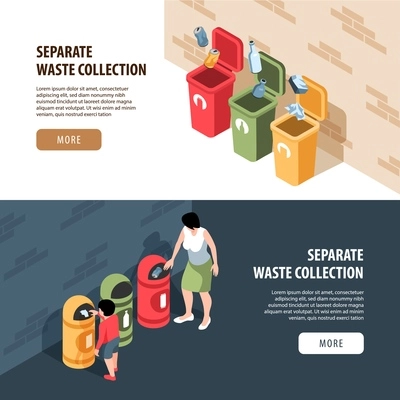 Set of two horizontal isometric garbage waste recycling banners with editable text more button and people vector illustration