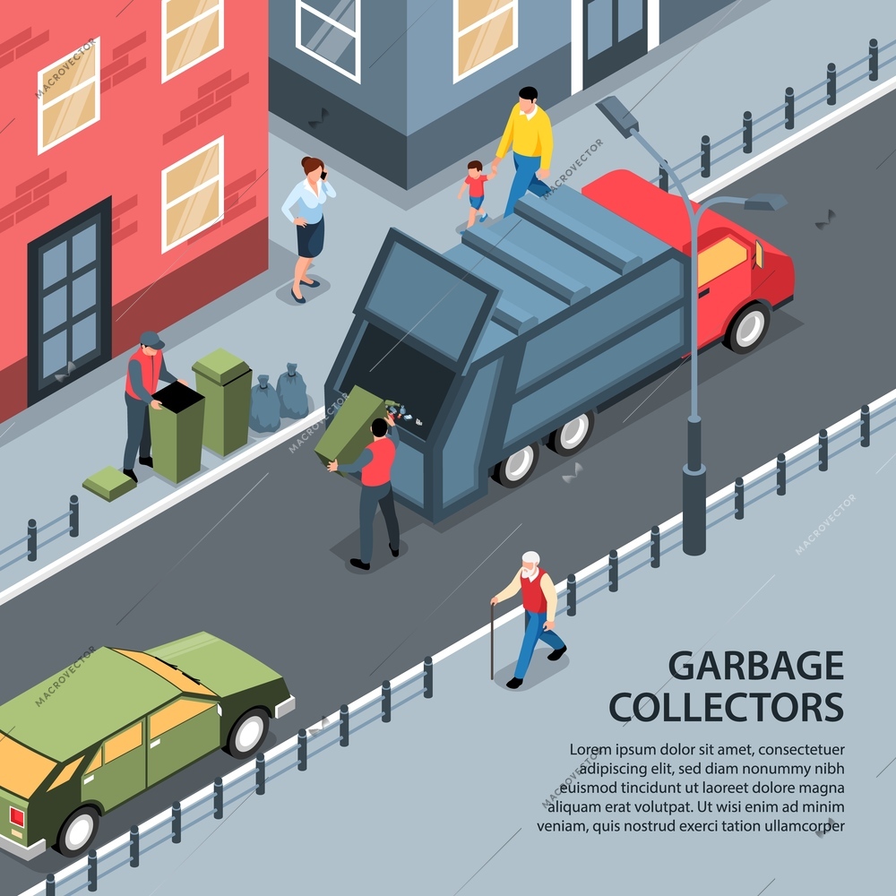 Isometric garbage waste recycling background with editable text and outdoor street view with people and truck vector illustration
