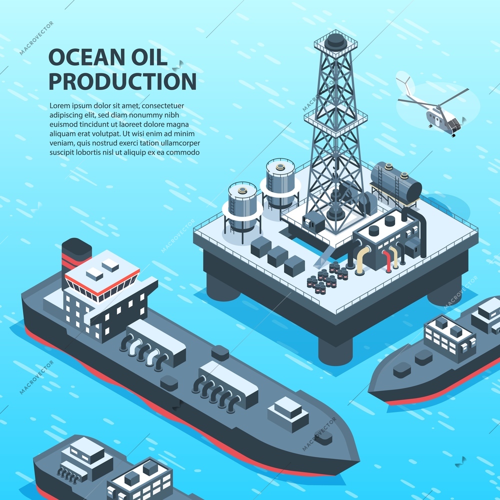 Isometric oil petroleum industry background with outdoor view of off-shore petrol production units and text vector illustration