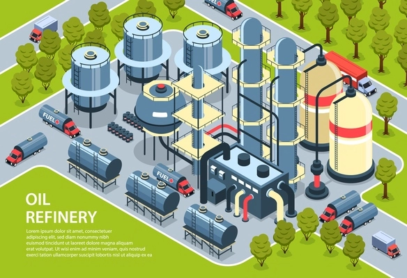 Isometric oil petroleum industry horizontal background with composition of editable text and outdoor view of factory vector illustration