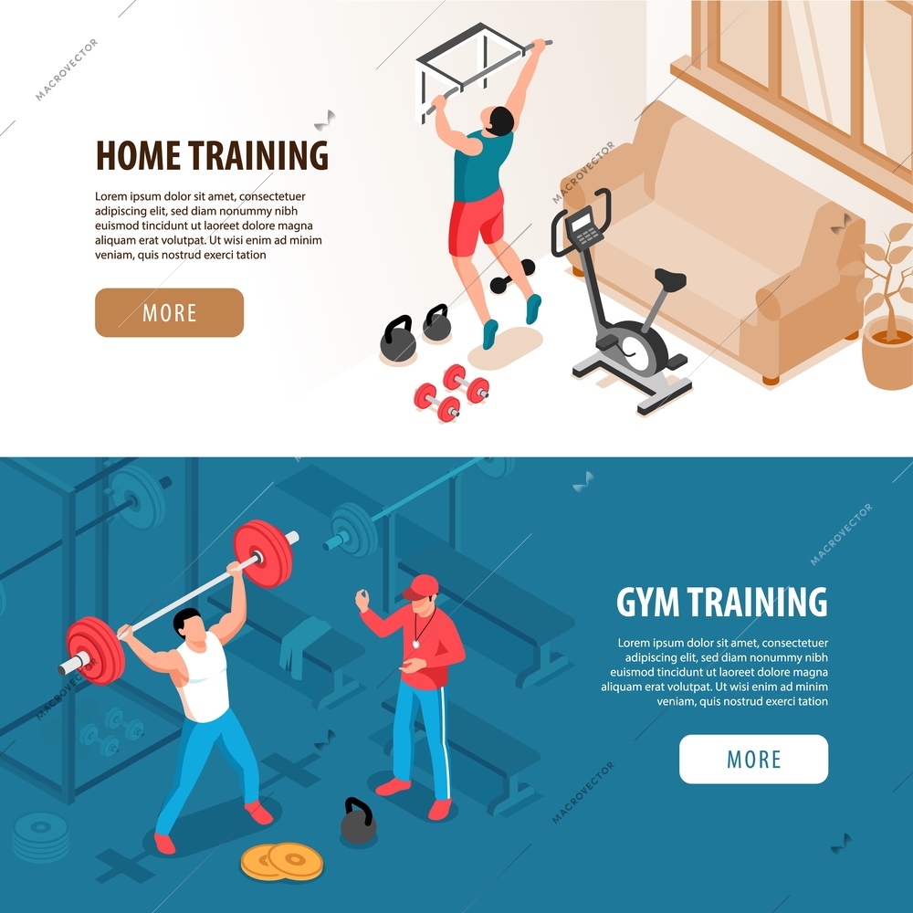 Set of two isolated isometric fitness sport banners with domestic and gymnasium views people and text vector illustration