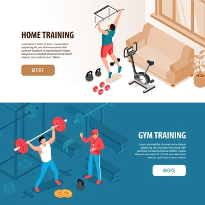 Set of two isolated isometric fitness sport banners with domestic and gymnasium views people and text vector illustration