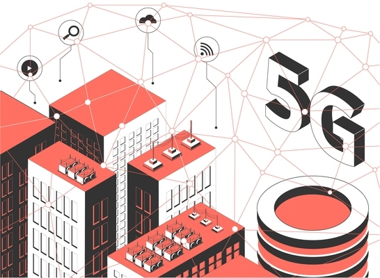 5G wireless technology isometric composition with city block tall buildings images round pictogram icons and net vector illustration