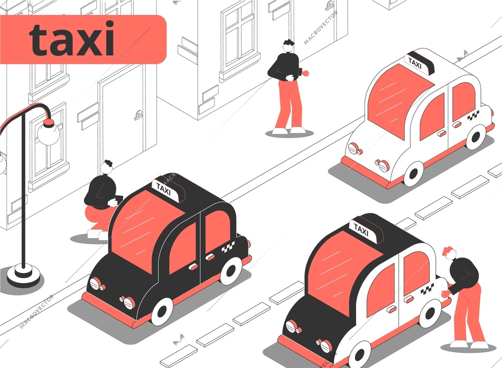 Taxi city isometric composition with outdoor street view and taxi cabs with human characters and text vector illustration