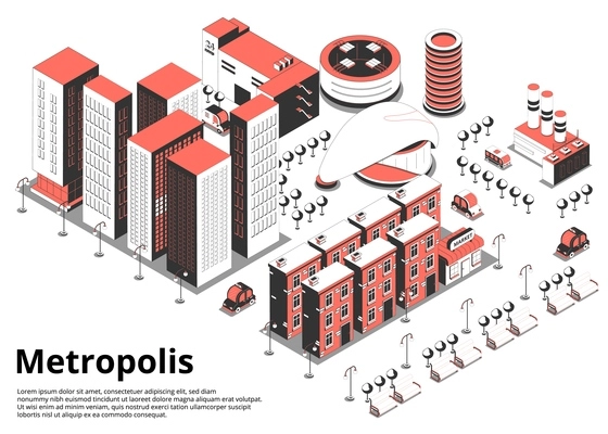 Metropolis street isometric background with text and birds eye view of modern city block with cars vector illustration