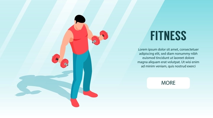 Isometric fitness sport horizontal banner with male character practicing dumbbell split lifts more button and text vector illustration