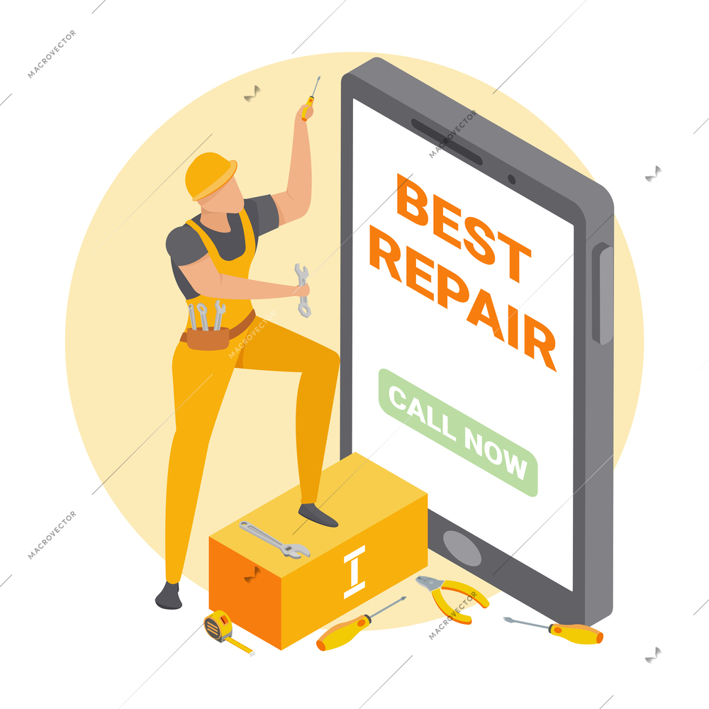 Repairman composition with isometric images of handyman faceless character with instruments box and smartphone hiring service vector illustration